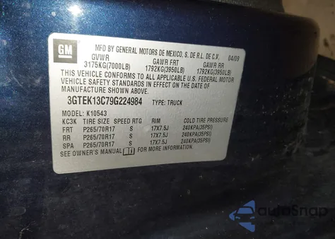 2009 GMC Sierra 1500 Sl z USA, uszkodzony, nr VIN 3GTEK13C79G224984